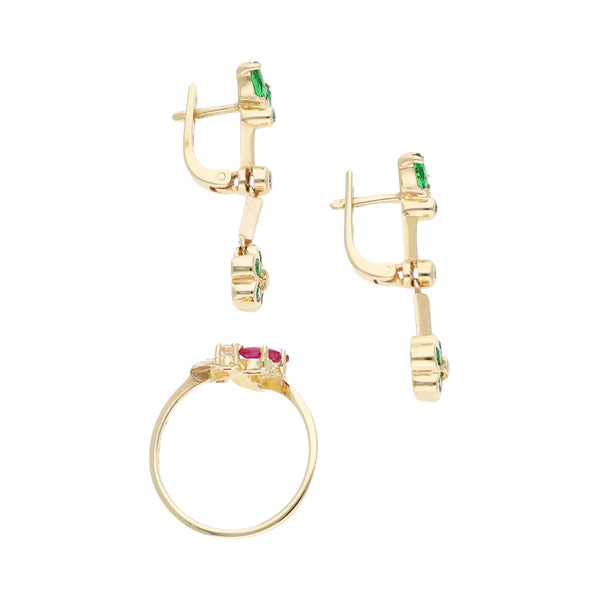 Juego de anillo y aretes diseño especial con sintéticos en oro amarillo 14 kilates.