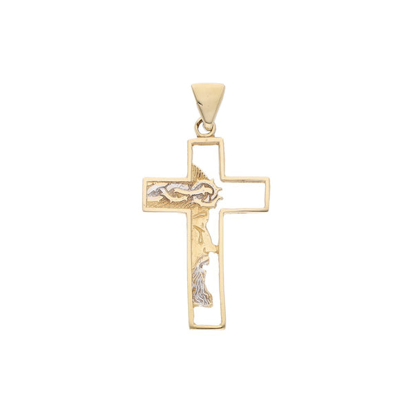 Cruz diseño especial platinado en oro amarillo 14 kilates.