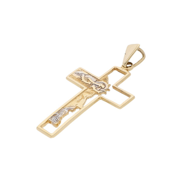 Cruz diseño especial platinado en oro amarillo 14 kilates.