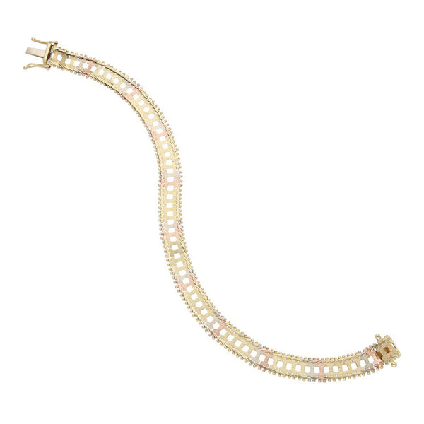 Pulsera eslabón boleado en oro tres tonos 14 kilates.