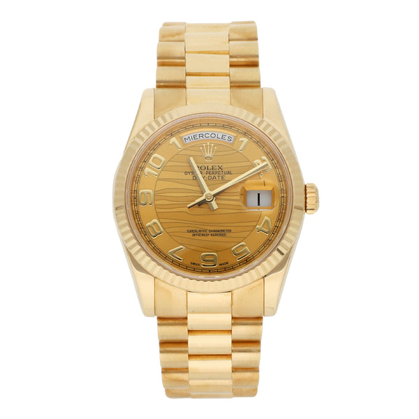 Reloj Rolex para caballero modelo Oyster Perpetual Day-Date en oro amarillo 18 kilates.