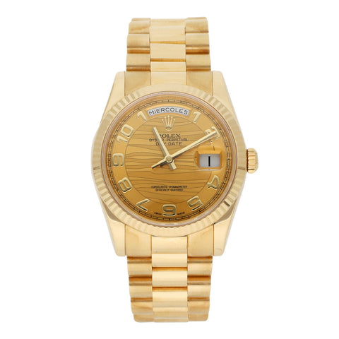Reloj Rolex para caballero modelo Oyster Perpetual Day-Date en oro amarillo 18 kilates.