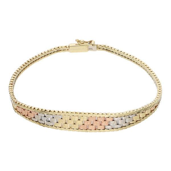 Pulsera eslabón boleado en oro tres tonos 14 kilates.