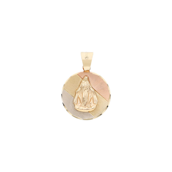 Medalla diseño especial motivo Virgen en oro tres tonos 14 kilates.