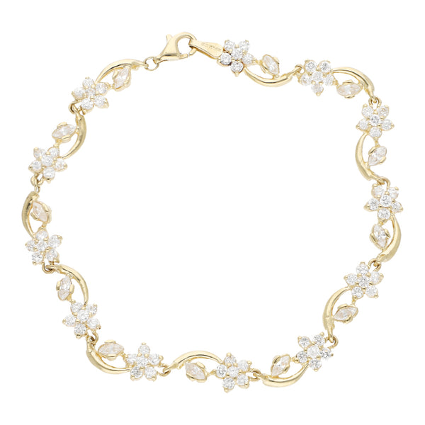 Pulsera eslabón encontrado con sintéticos motivo flor en oro amarillo 14 kilates.