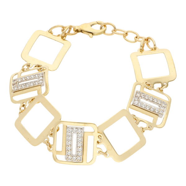Pulsera eslabón articulado con sintéticos en oro dos tonos 14 kilates.