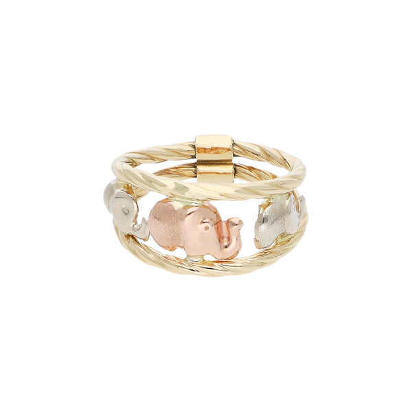 Anillo calado motivo elefantes en oro tres tonos 14 kilates.