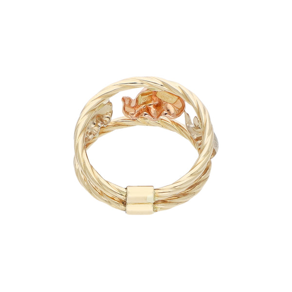 Anillo calado motivo elefantes en oro tres tonos 14 kilates.
