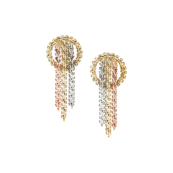 Aretes boleados en oro tres tonos 14 kilates.