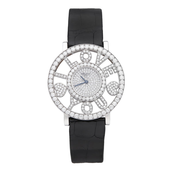 Reloj Chopard para dama modelo Happy Diamonds caja y broche en oro blanco 18 kilates.