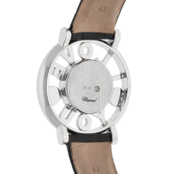 Reloj Chopard para dama modelo Happy Diamonds caja y broche en oro blanco 18 kilates.