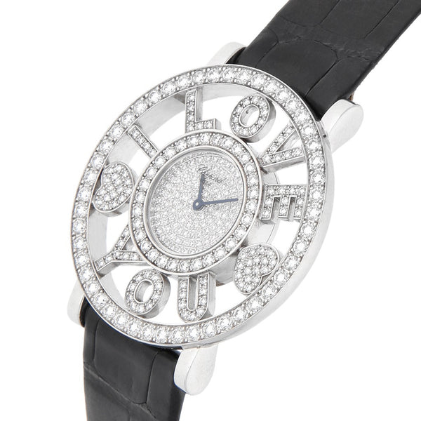 Reloj Chopard para dama modelo Happy Diamonds caja y broche en oro blanco 18 kilates.