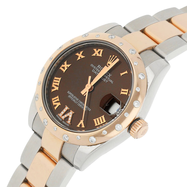 Reloj Rolex para dama modelo Oyster Perpetual DateJust vistas en oro rosa 18 kilates.