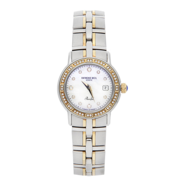 Reloj Raymond Weil para dama modelo Parsifal bisel en oro amarillo 18 kilates.