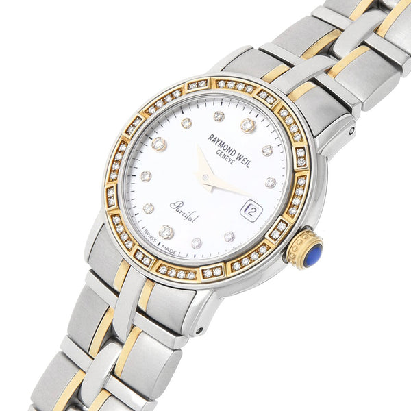 Reloj Raymond Weil para dama modelo Parsifal bisel en oro amarillo 18 kilates.