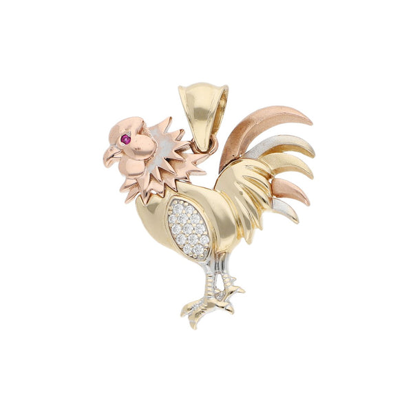 Dije diseño especial con rubí y sintéticos motivo gallo en oro dos tonos 14 kilates.