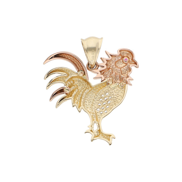 Dije diseño especial con rubí y sintéticos motivo gallo en oro dos tonos 14 kilates.
