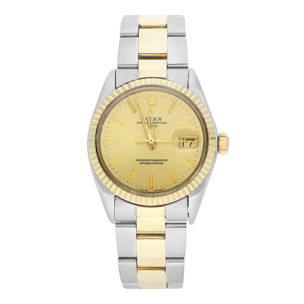 Reloj Rolex para caballero modelo Oyster Perpetual Date vistas en oro amarillo 14 kilates.
