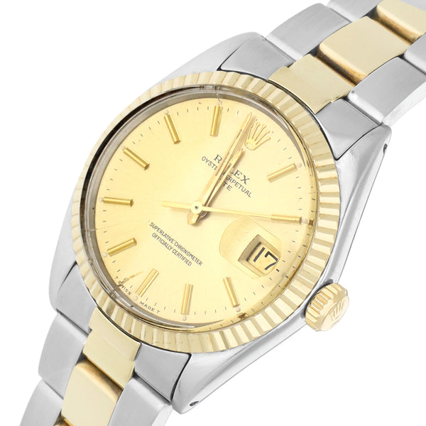 Reloj Rolex para caballero modelo Oyster Perpetual Date vistas en oro amarillo 14 kilates.