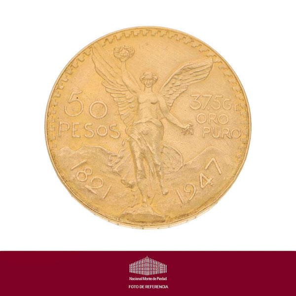 Moneda de cincuenta pesos en oro amarillo mexicano 21.6 kilates.