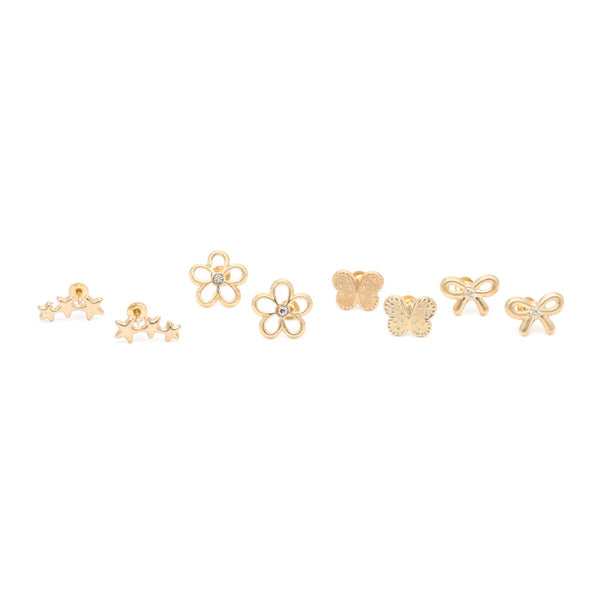 Cuatro pares de broqueles diseño especial dos con sintéticos en oro amarillo 14 kilates.