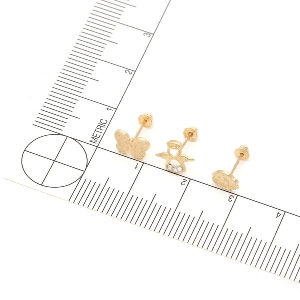Tres pares de broqueles diseño especial uno con sintéticos en oro amarillo 14 kilates.