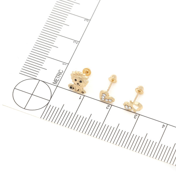 Tres pares de broqueles diseño especial dos con sintéticos en oro amarillo 14 kilates.