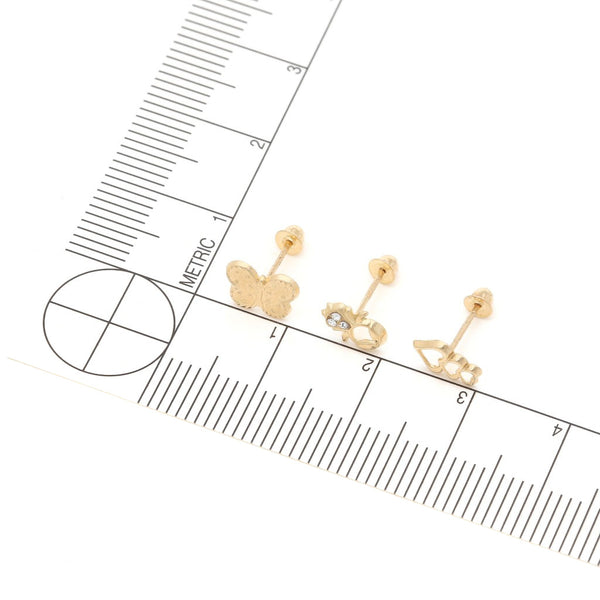 Tres pares de broqueles diseño especial uno con sintéticos en oro amarillo 14 kilates.