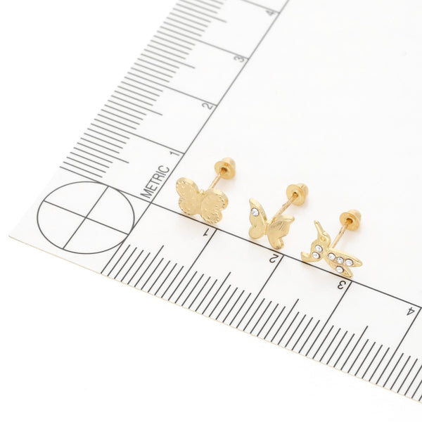 Tres pares de broqueles diseño especial dos con sintéticos en oro amarillo 14 kilates.