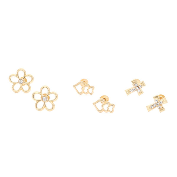 Tres pares de broqueles diseño especial dos con sintéticos en oro amarillo 14 kilates.