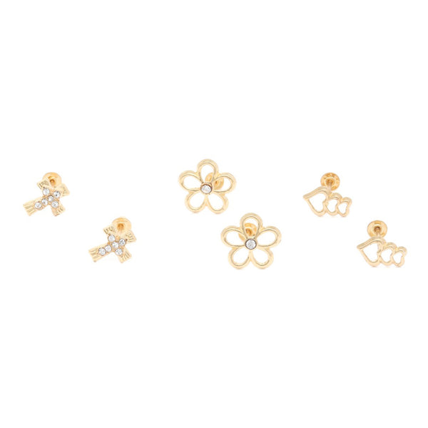 Tres pares de broqueles diseño especial dos con sintéticos en oro amarillo 14 kilates.
