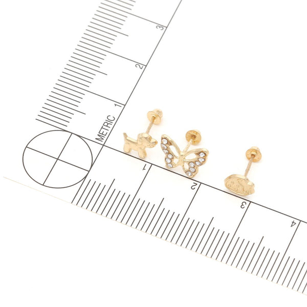 Tres pares de broqueles diseño especial uno con sintéticos en oro amarillo 14 kilates.