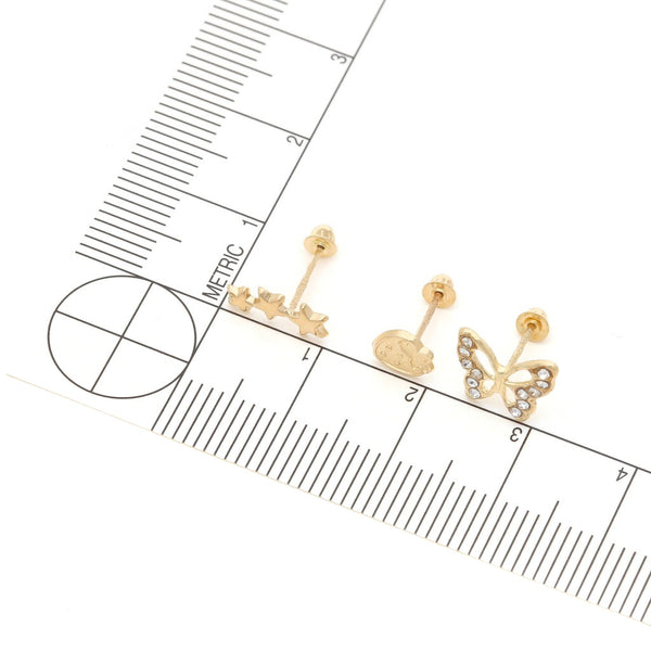 Tres pares de broqueles diseño especial uno con sintéticos en oro amarillo 14 kilates.