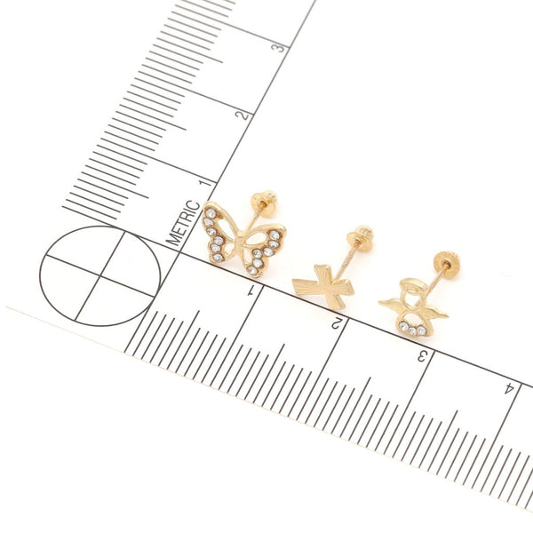 Tres pares de broqueles diseño especial dos con sintéticos en oro amarillo 14 kilates.