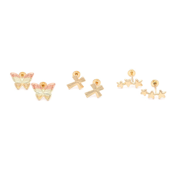 Tres pares de broqueles diseño especial en oro tres tonos 14 kilates.