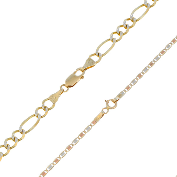 Pulsera eslabón articulado motivo grecas, collar de tres eslabones por uno platinados en oro amarillo, pulsera eslabón articulado en oro dos tonos, dije articulado motivo tortuga, collar eslabón nudo marino en oro tres tonos 14 kilates.