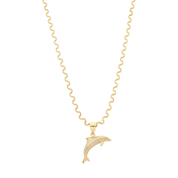 Juego de gargantilla y dije estilizado motivo delfin en oro dos tonos 14 kilates.