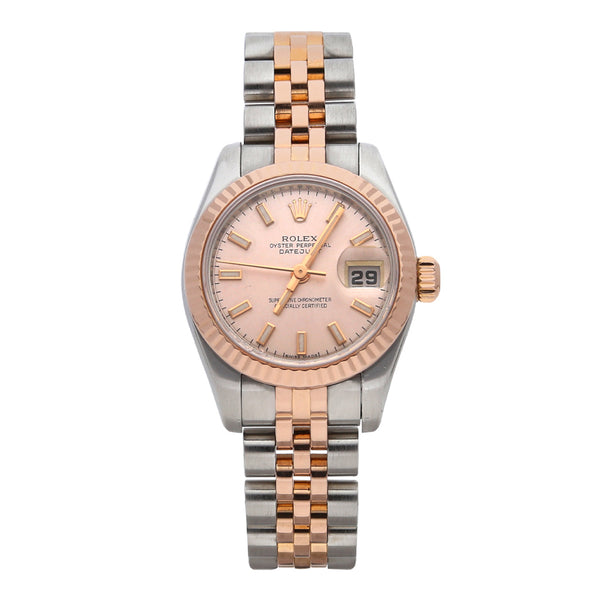 Reloj Rolex para dama modelo Oyster Perpetual DateJust vistas en oro rosa 18 kilates.