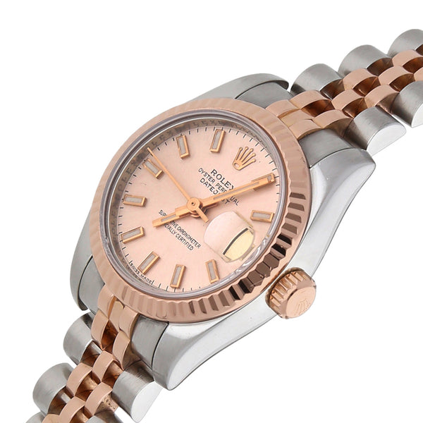 Reloj Rolex para dama modelo Oyster Perpetual DateJust vistas en oro rosa 18 kilates.