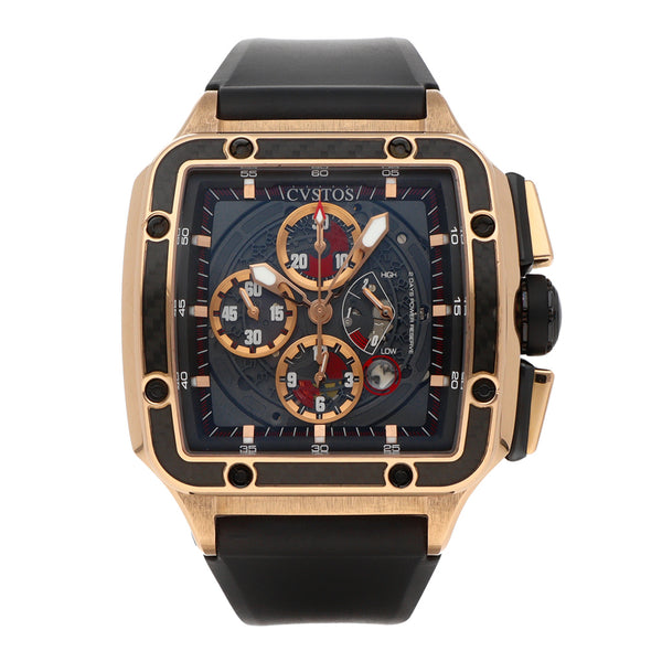 Reloj Cvstos para caballero modelo Evosquare-50 caja en oro rosa 18 kilates vistas carbono.