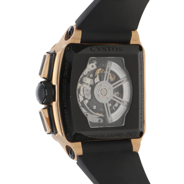 Reloj Cvstos para caballero modelo Evosquare-50 caja en oro rosa 18 kilates vistas carbono.