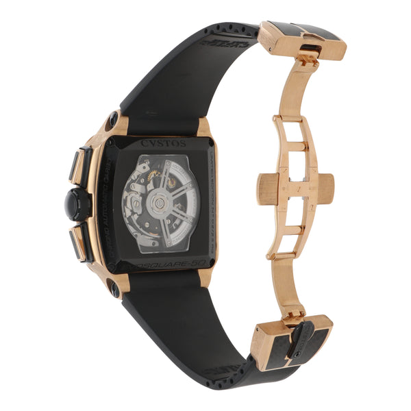 Reloj Cvstos para caballero modelo Evosquare-50 caja en oro rosa 18 kilates vistas carbono.