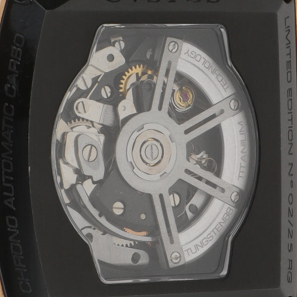 Reloj Cvstos para caballero modelo Evosquare-50 caja en oro rosa 18 kilates vistas carbono.