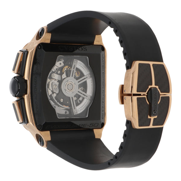 Reloj Cvstos para caballero modelo Evosquare-50 caja en oro rosa 18 kilates vistas carbono.