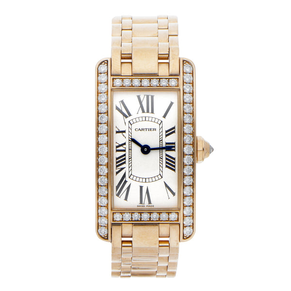 Reloj Cartier para dama modelo Tank Americaine en oro rosa 18 kilates.