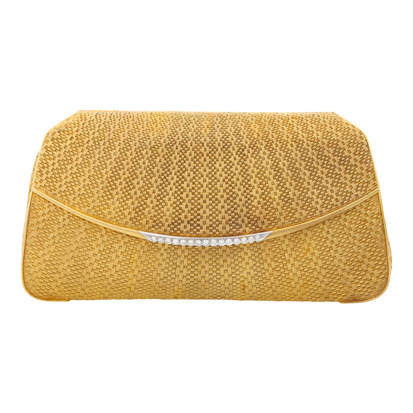 Bolso de mano para noche de dama diseño tejido con diamantes en oro amarillo 18 kilates.