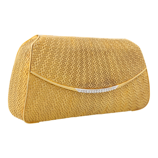 Bolso de mano para noche de dama diseño tejido con diamantes en oro amarillo 18 kilates.