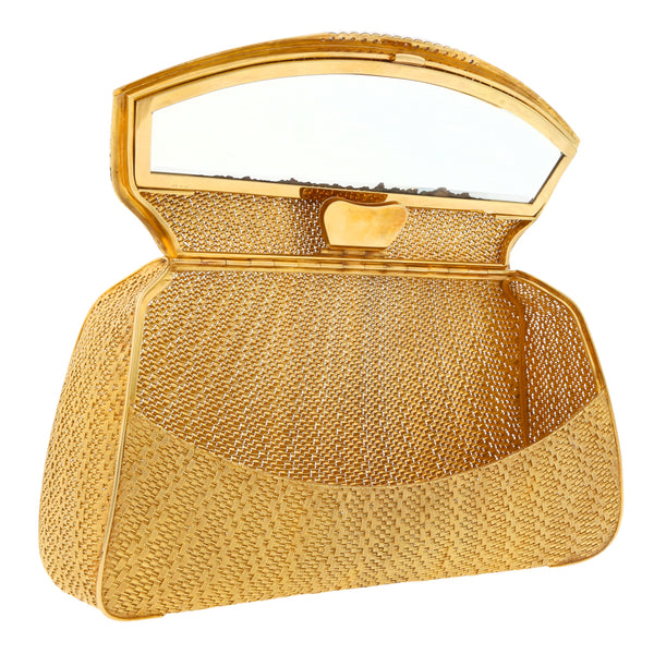 Bolso de mano para noche de dama diseño tejido con diamantes en oro amarillo 18 kilates.