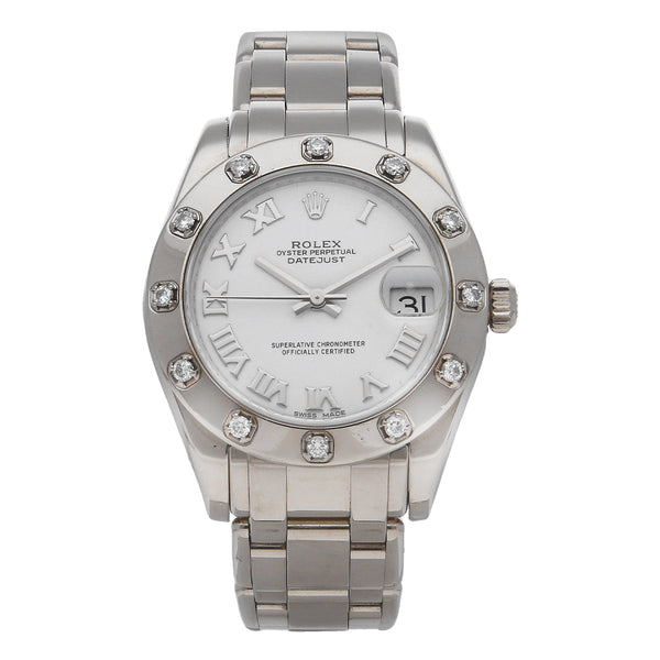 Reloj Rolex para dama modelo Oyster perpetual DateJust en oro blanco 18 kilates.