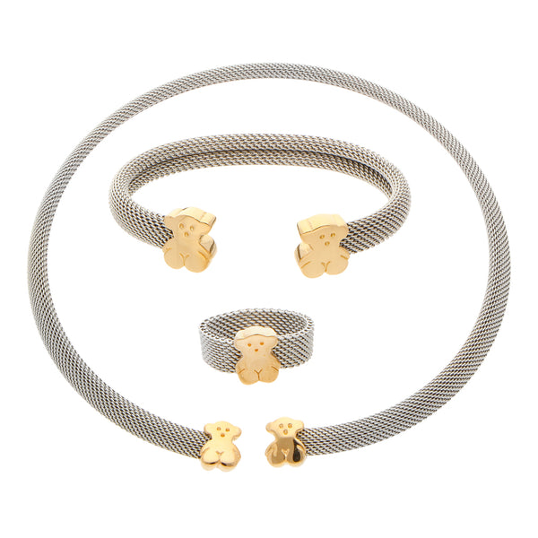 Juego de gargantilla, pulsera y anillo eslabón trenzado motivo osos firma Tous en acero y oro amarillo 18 kilates.